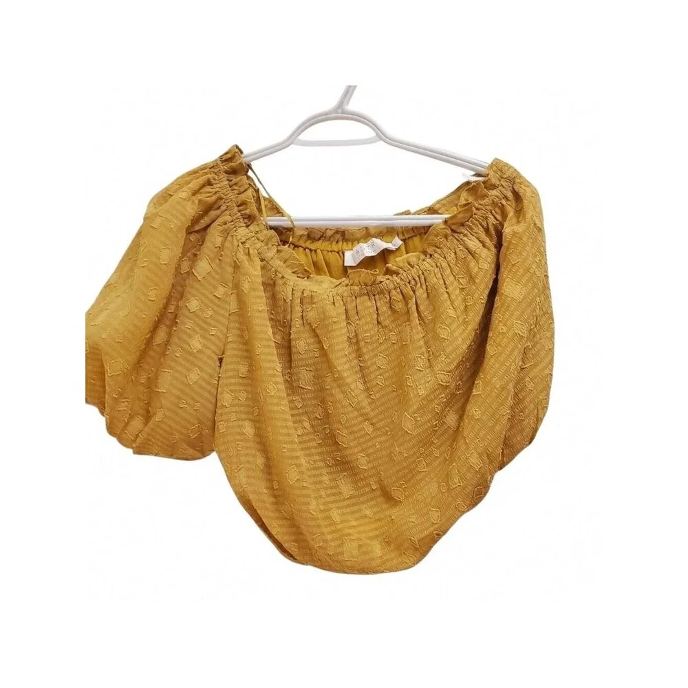 ASTR the Label Off Shoulder Top Smocked Blouse Puff Sleeve Yellow Size S